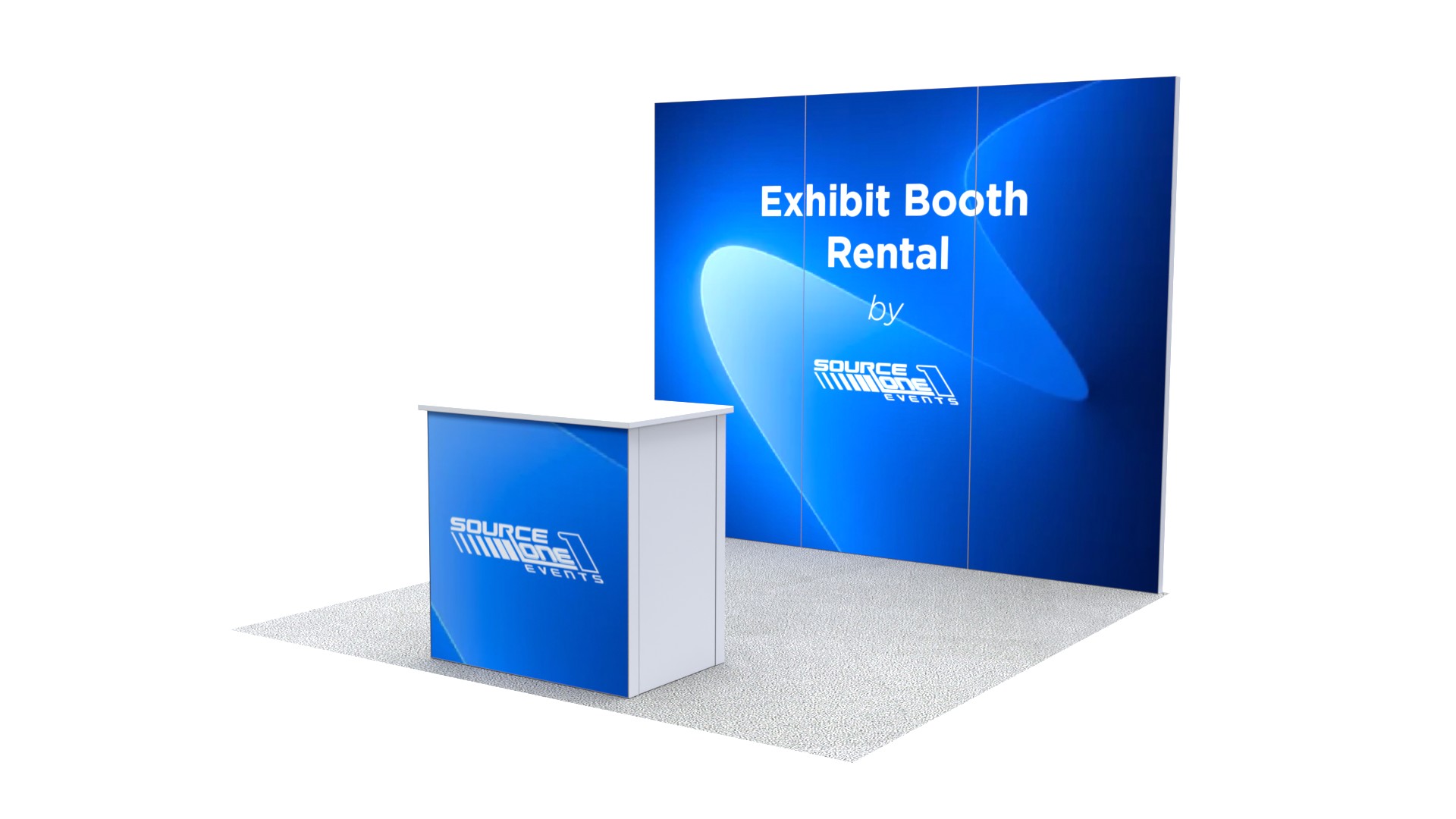 Trade show booth featuring a reception counter and branded display wall for exhibitors.