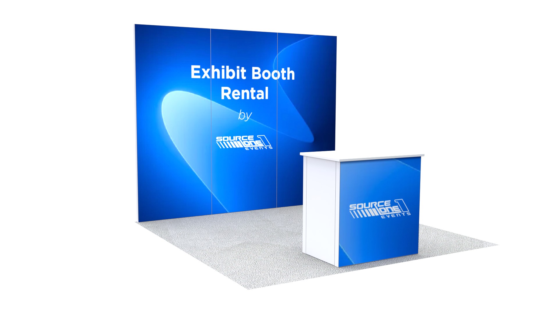 Modular exhibit booth with reception counter and large branded backdrop.