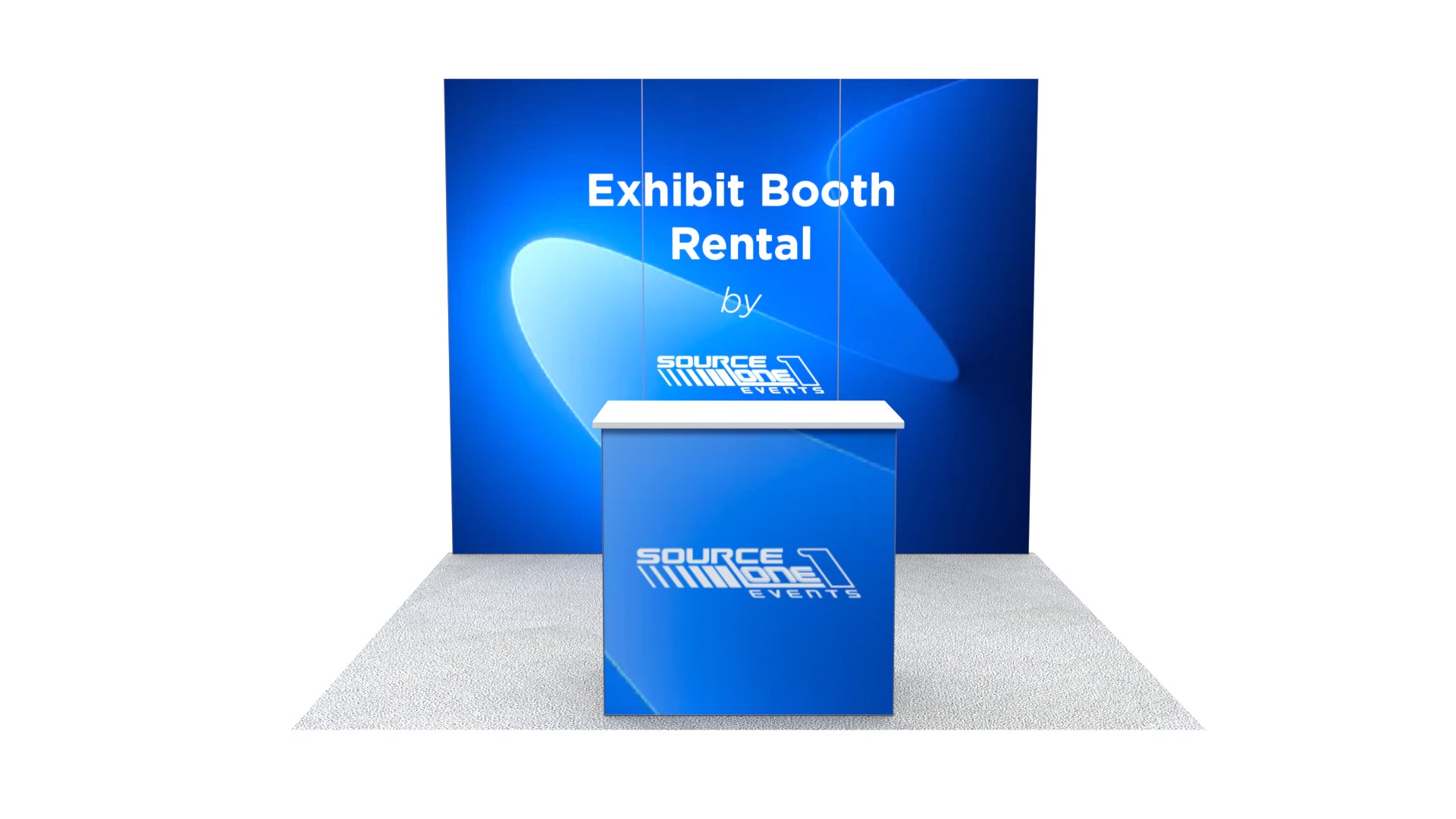 Rental trade show exhibit with reception counter and custom display graphics.