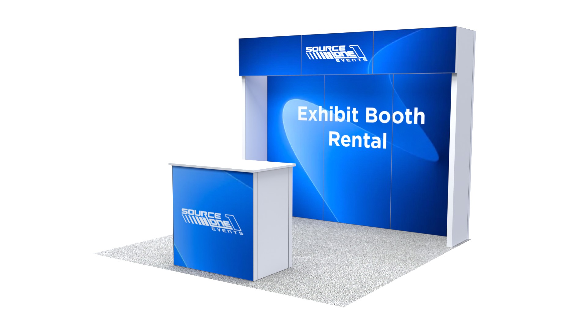 Trade show exhibit with reception counter, branded backdrop, and open floor plan.