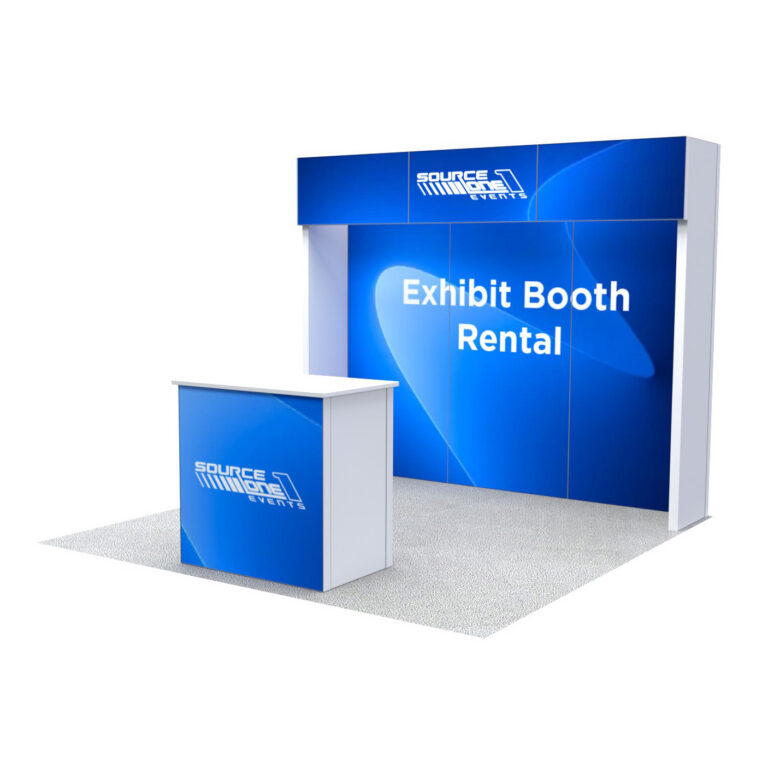 Trade show exhibit with reception counter, branded backdrop, and open floor plan.
