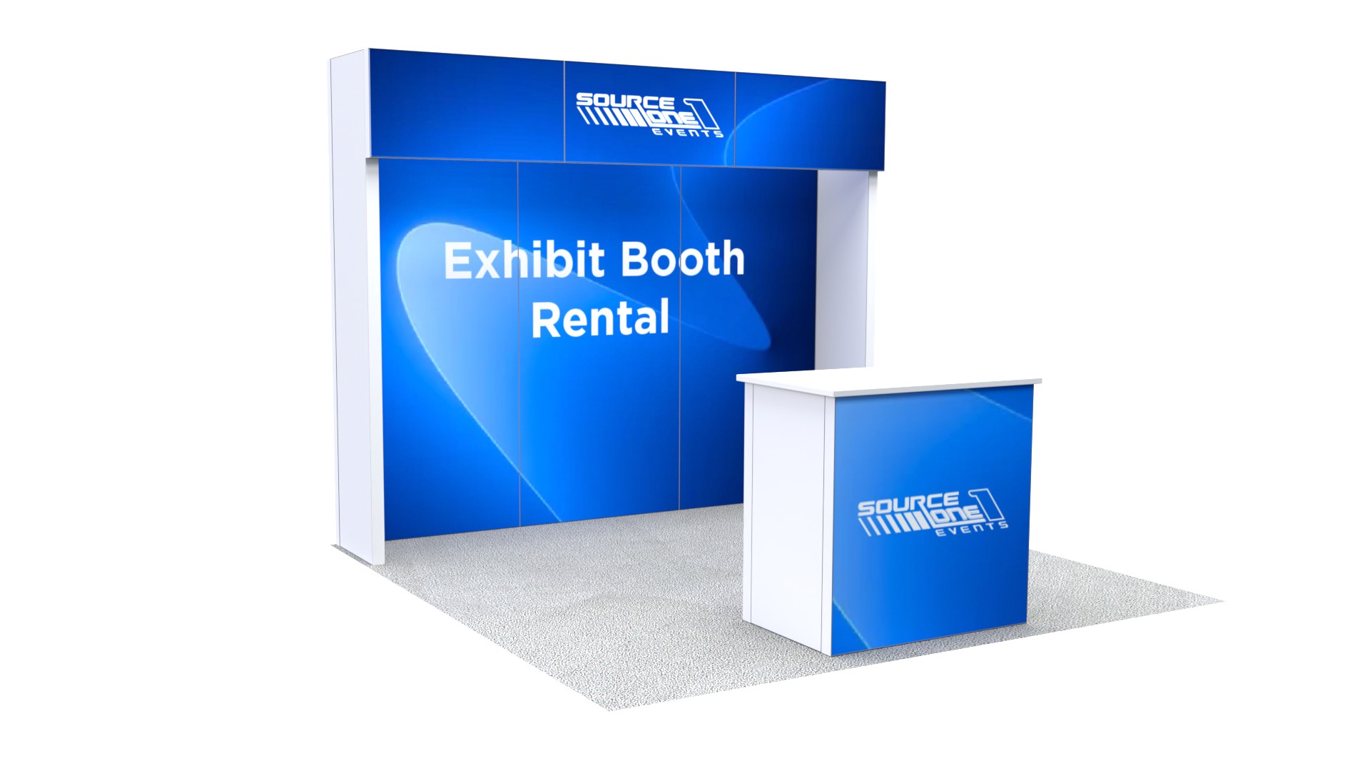 Modular trade show display with reception counter for exhibitor engagement.