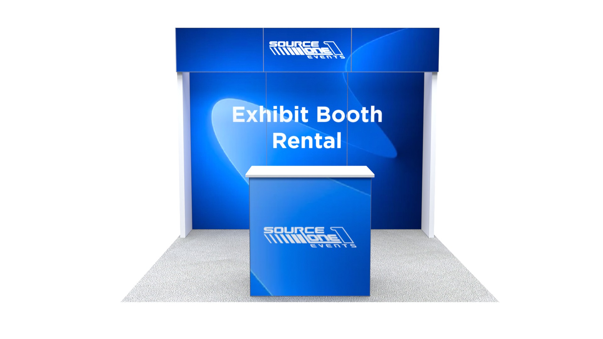 Rental exhibit booth featuring a display counter and custom graphics.