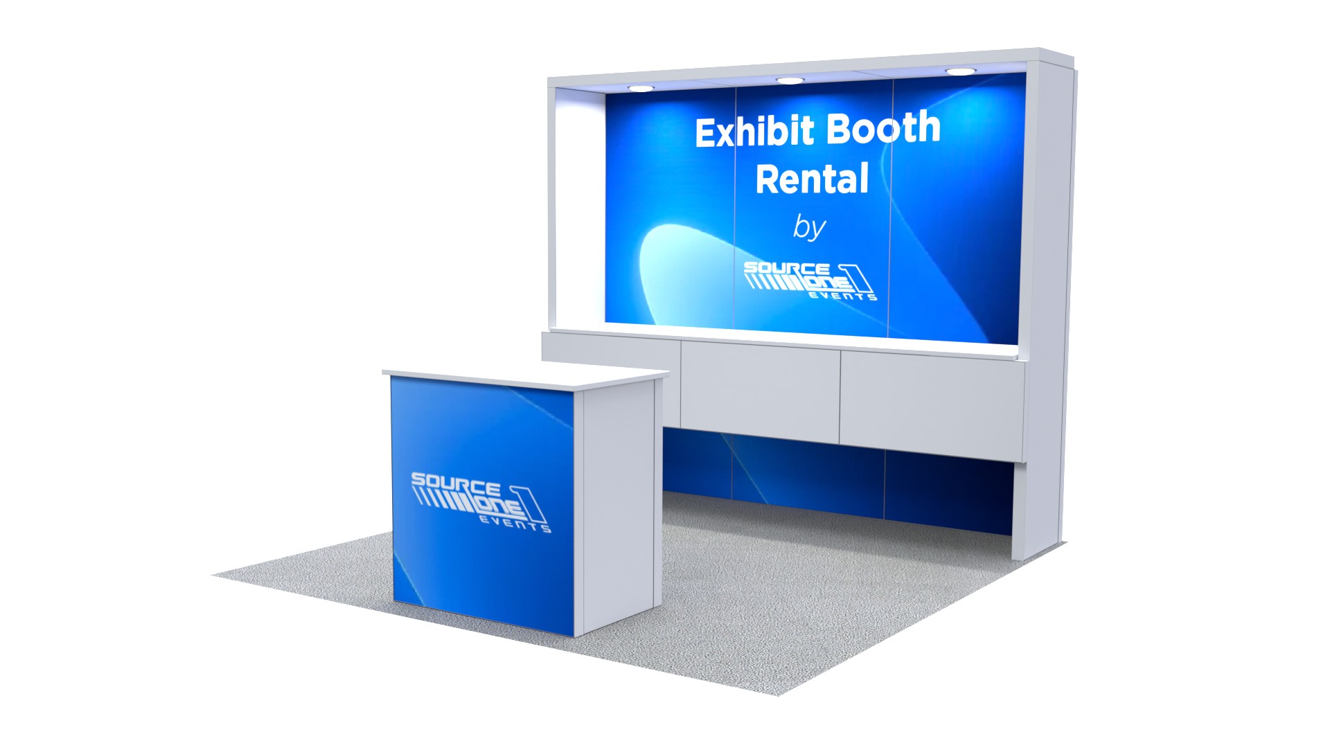 Trade show exhibit featuring a workstation counter, branded backdrop, and open layout.