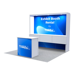 Thumbnail of a rental trade show booth with workstation and display wall.
