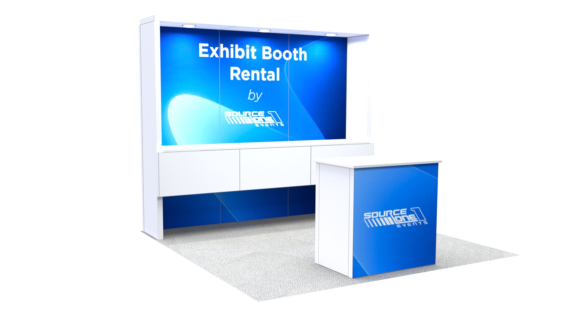 Modular exhibit booth with reception counter and custom trade show graphics.