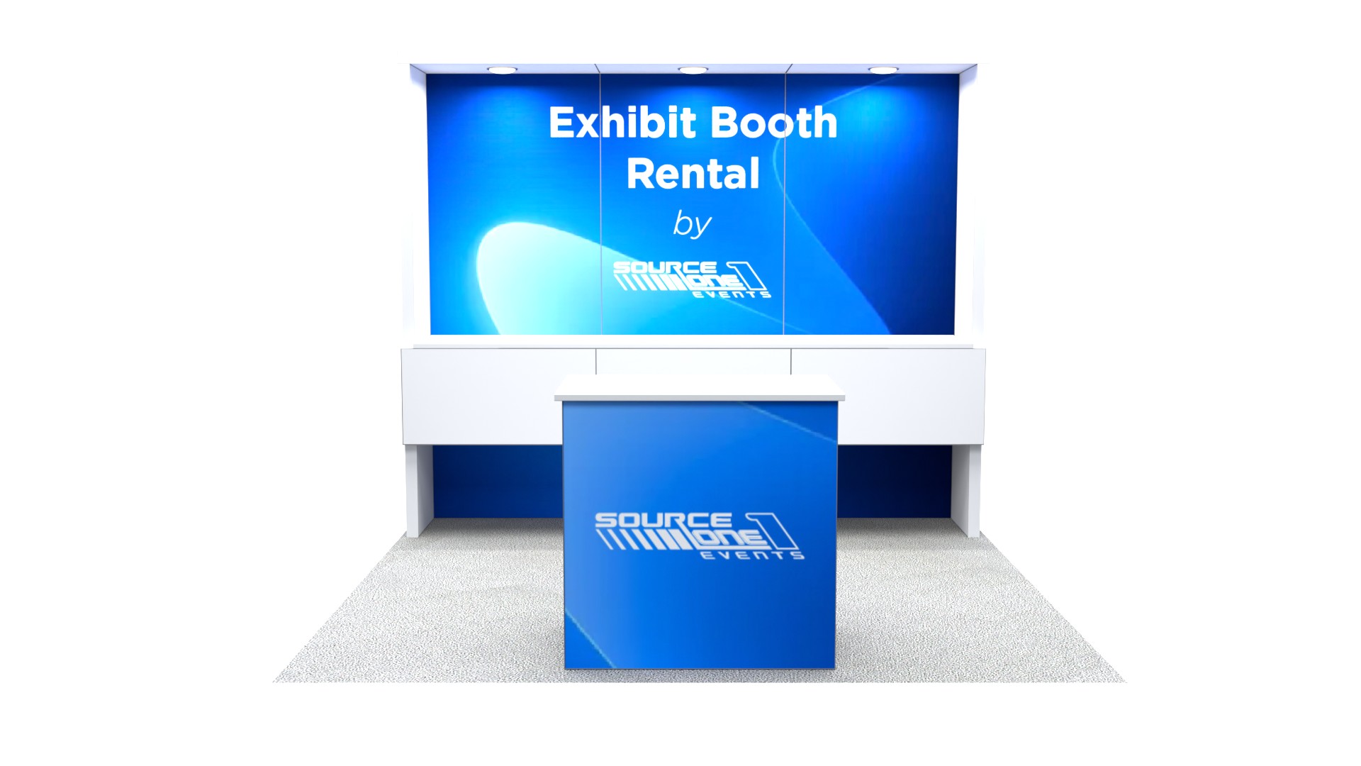 Rental exhibit display with workstation, counter, and branded backdrop for exhibitors.