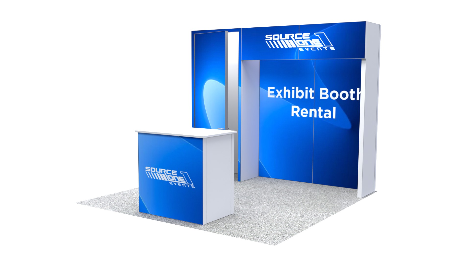Modular trade show booth with custom backdrop and reception counter for exhibitors.
