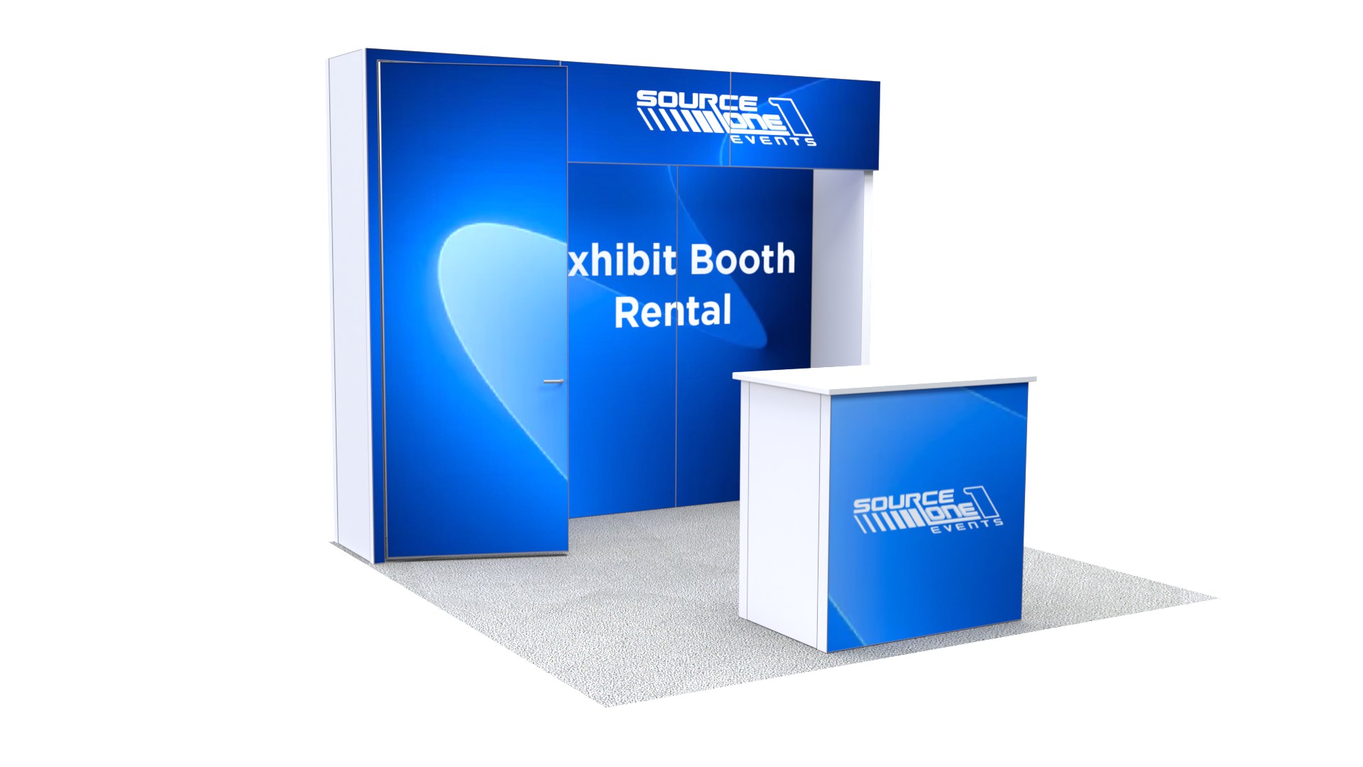 Rental exhibit display featuring a reception counter and large branded graphics.