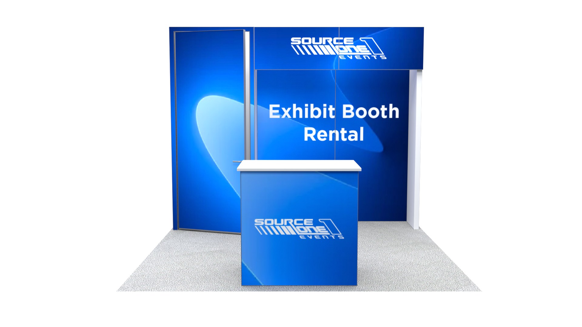 Trade show exhibit booth with reception counter, branded backdrop, and open visitor space.