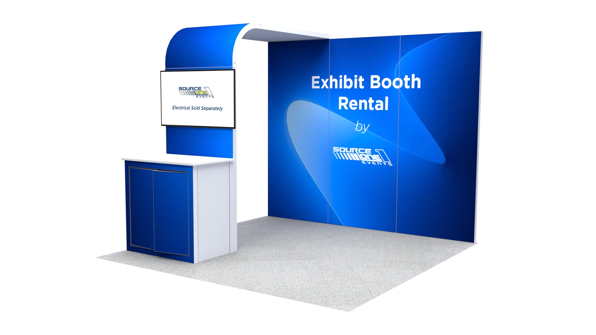Exhibit booth with digital display, reception counter, and branded trade show backdrop.