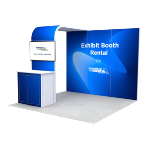 Thumbnail of a modular exhibit booth with kiosk and reception counter.