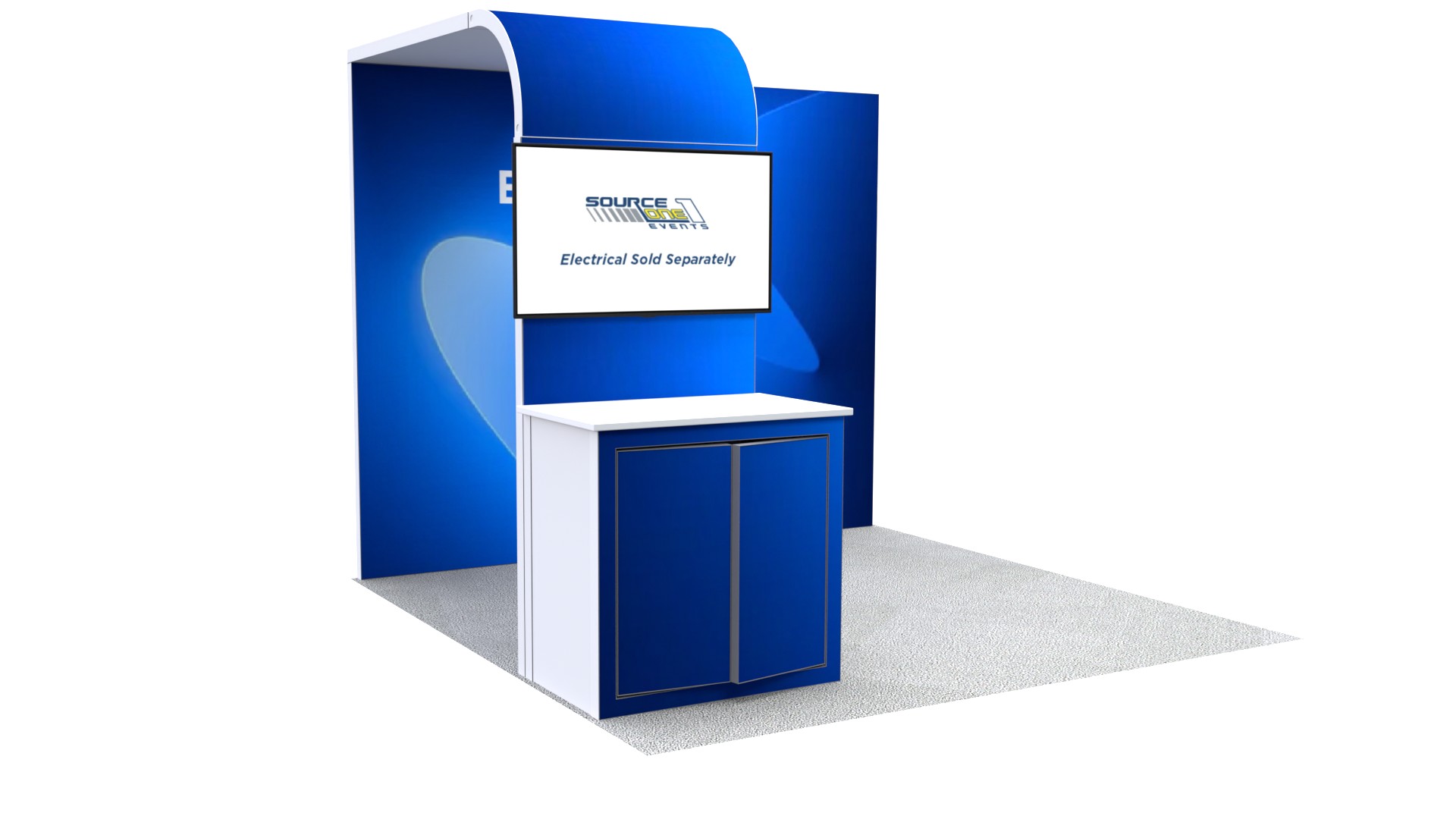 Rental exhibit featuring an information kiosk, display counter, and curved backdrop.