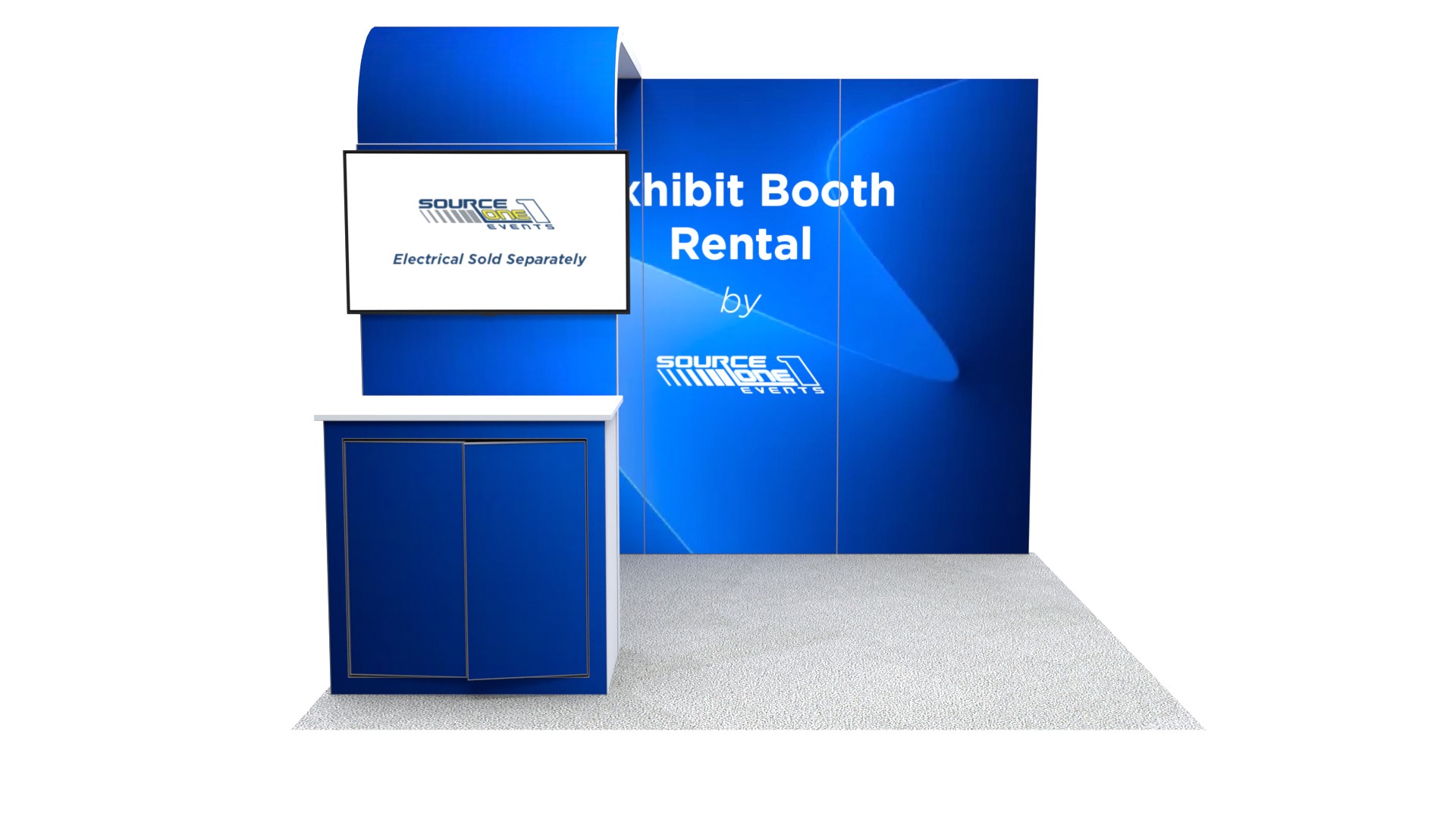 Trade show booth with kiosk display, reception counter, and branded graphics.