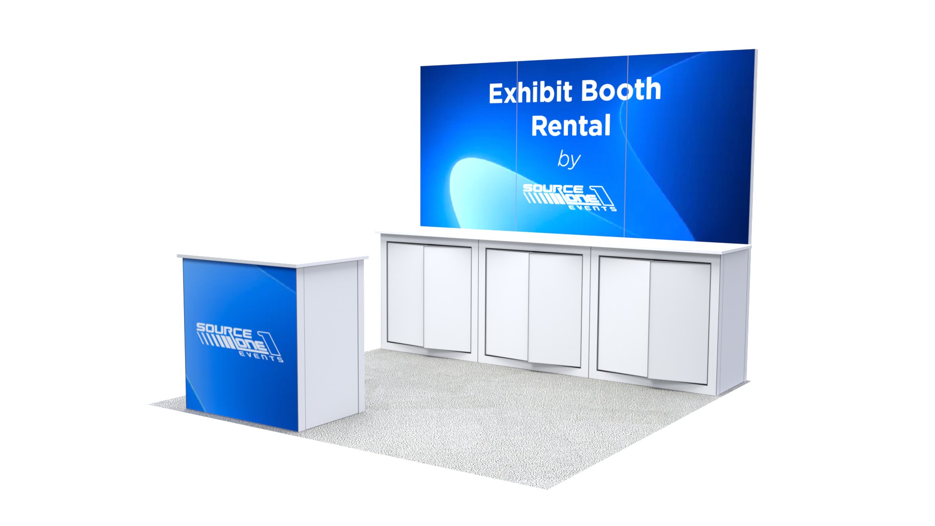 Thumbnail of a trade show booth with a reception counter and meeting area.