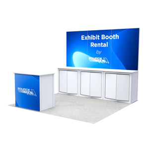 Modular trade show booth with reception counter and display wall for exhibitor services.