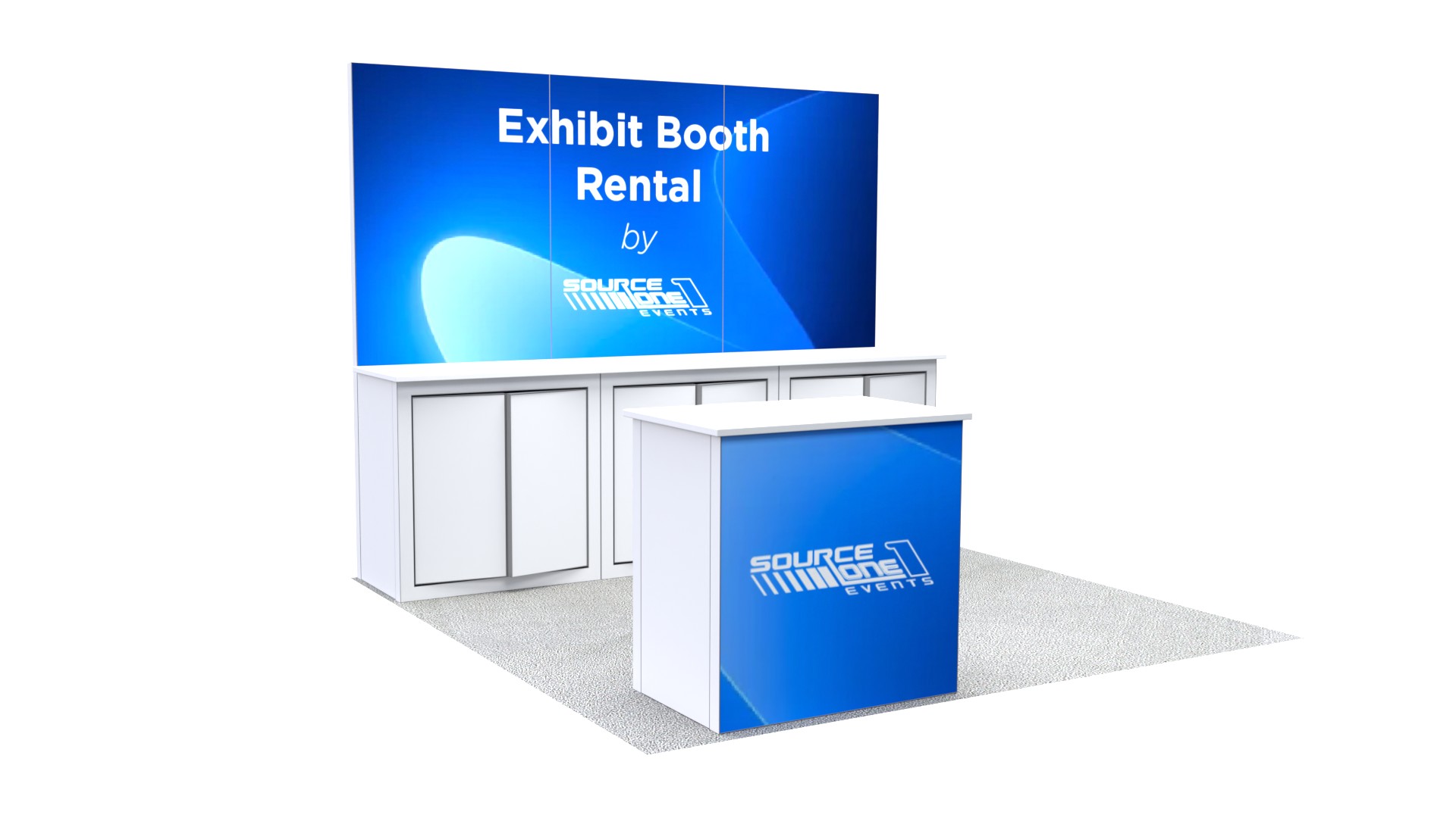 Rental exhibit booth with an information counter and workspace for exhibitor demonstrations.