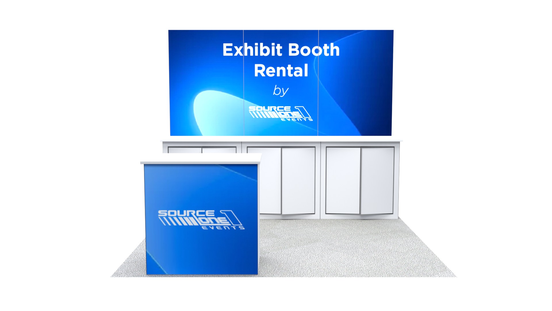 Trade show exhibit featuring a reception counter, meeting table, and custom branded backdrop.