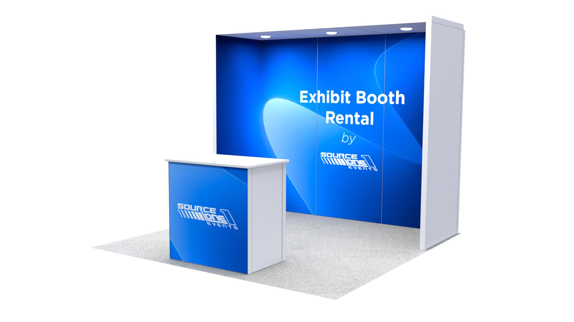 Modular trade show exhibit with branded display wall and reception counter.