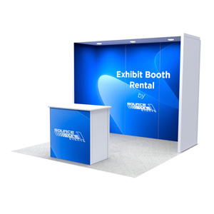 Thumbnail of a rental exhibit booth with a reception counter and branded back wall.