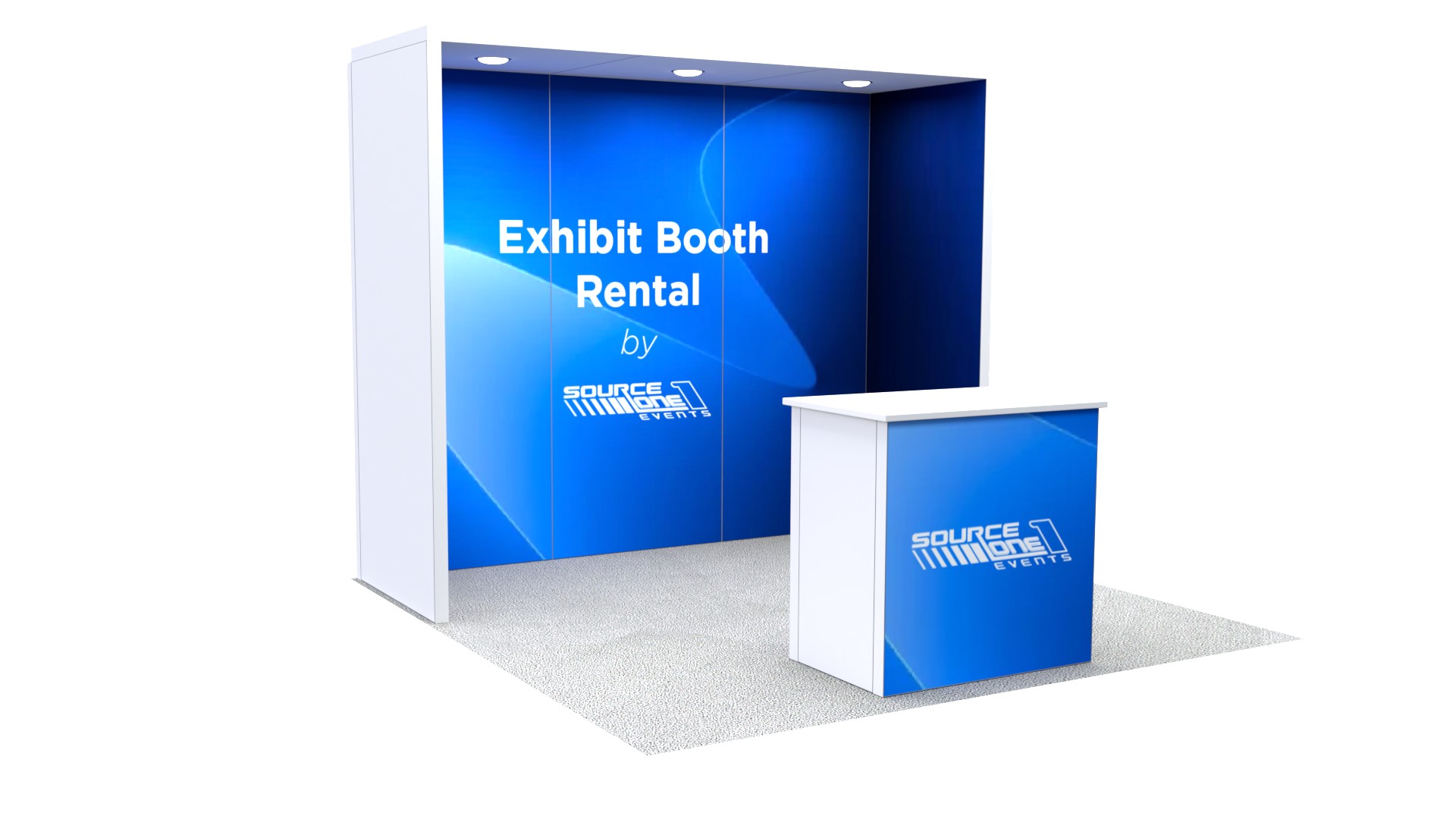 Rental exhibit display featuring an open layout, reception counter, and custom graphics.