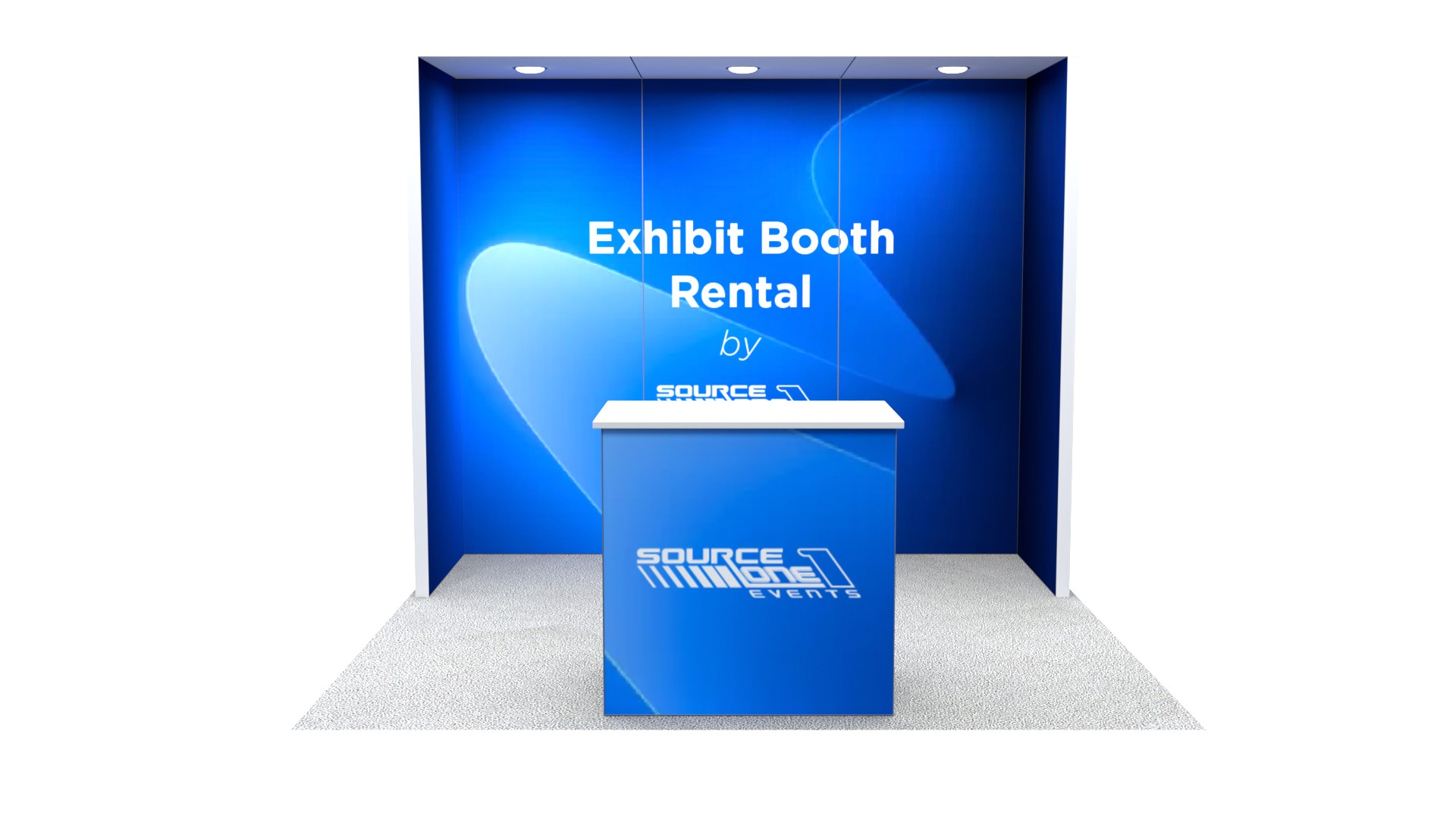 Trade show booth with a large branded backdrop and reception counter for exhibitor engagement.