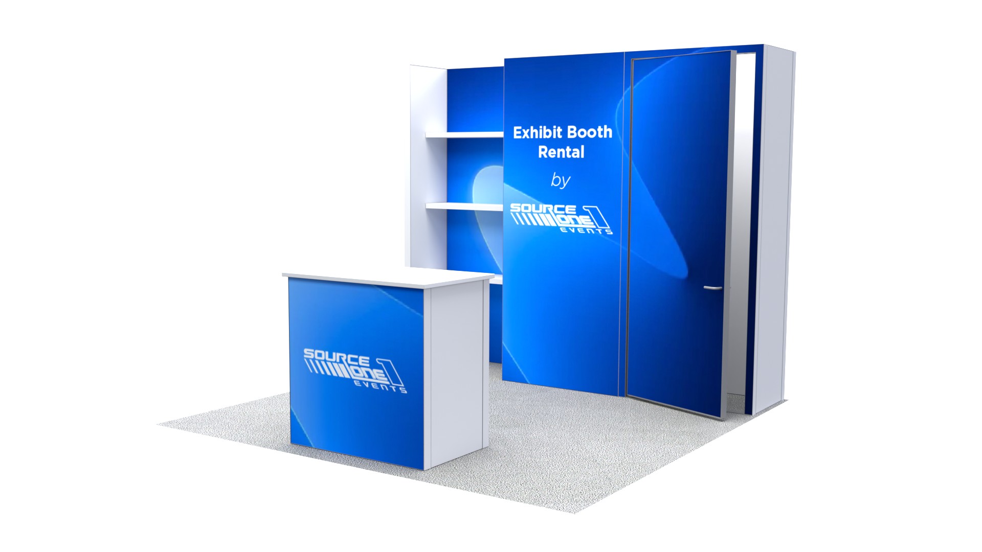 Trade show rental exhibit featuring built-in shelving, reception counter, and branded backdrop.