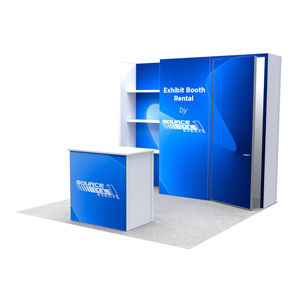 Thumbnail of a modular trade show booth with shelving and reception counter.