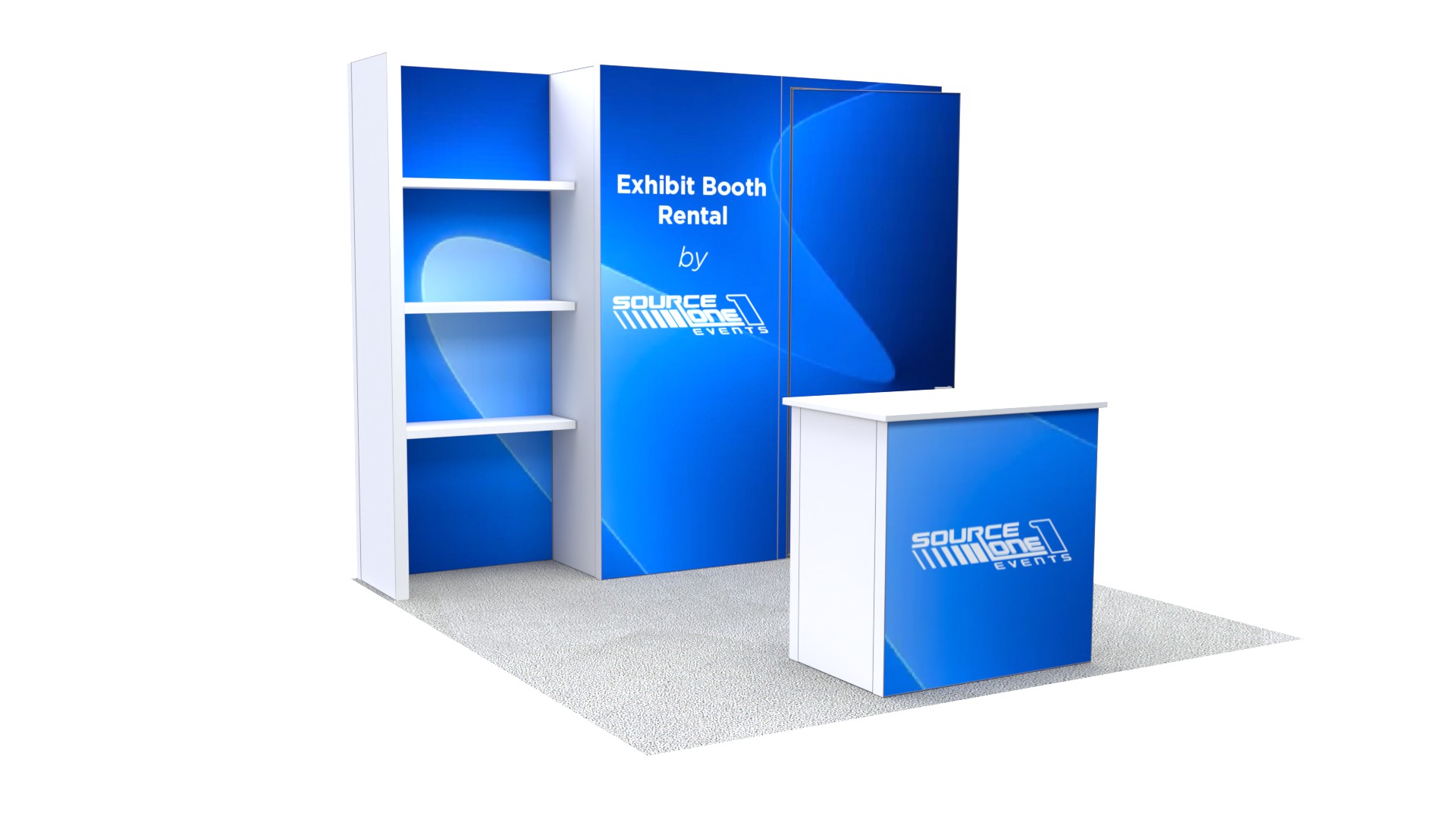 Corner exhibit display with shelving, counter, and custom graphics for exhibitors.
