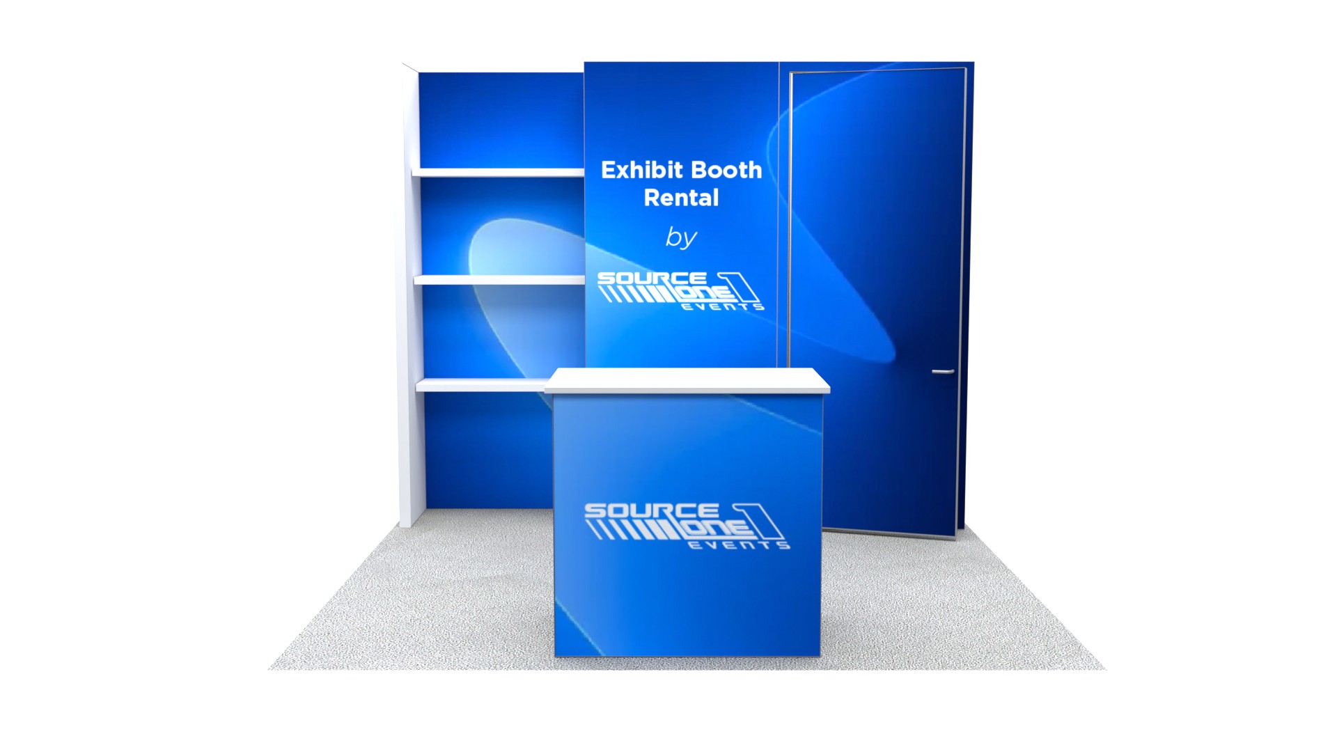 Modular exhibit booth with storage shelving and reception counter for trade show events.