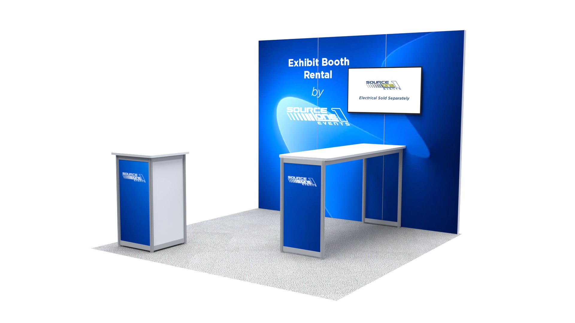BM109 exhibit booth rental with blue branded backdrop