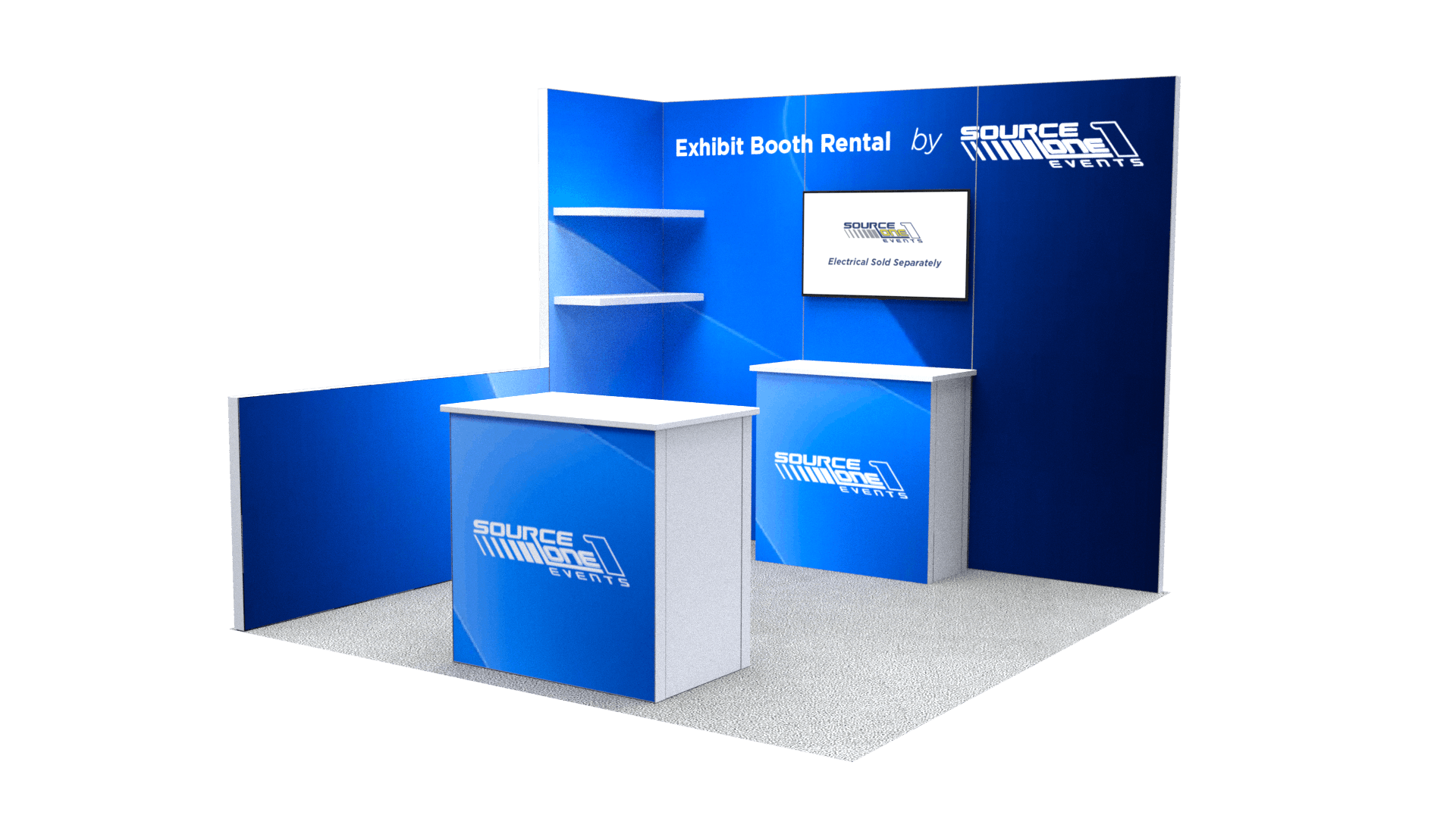 Compact exhibit rental system with blue fabric graphics, branded reception counter, and portable display walls.