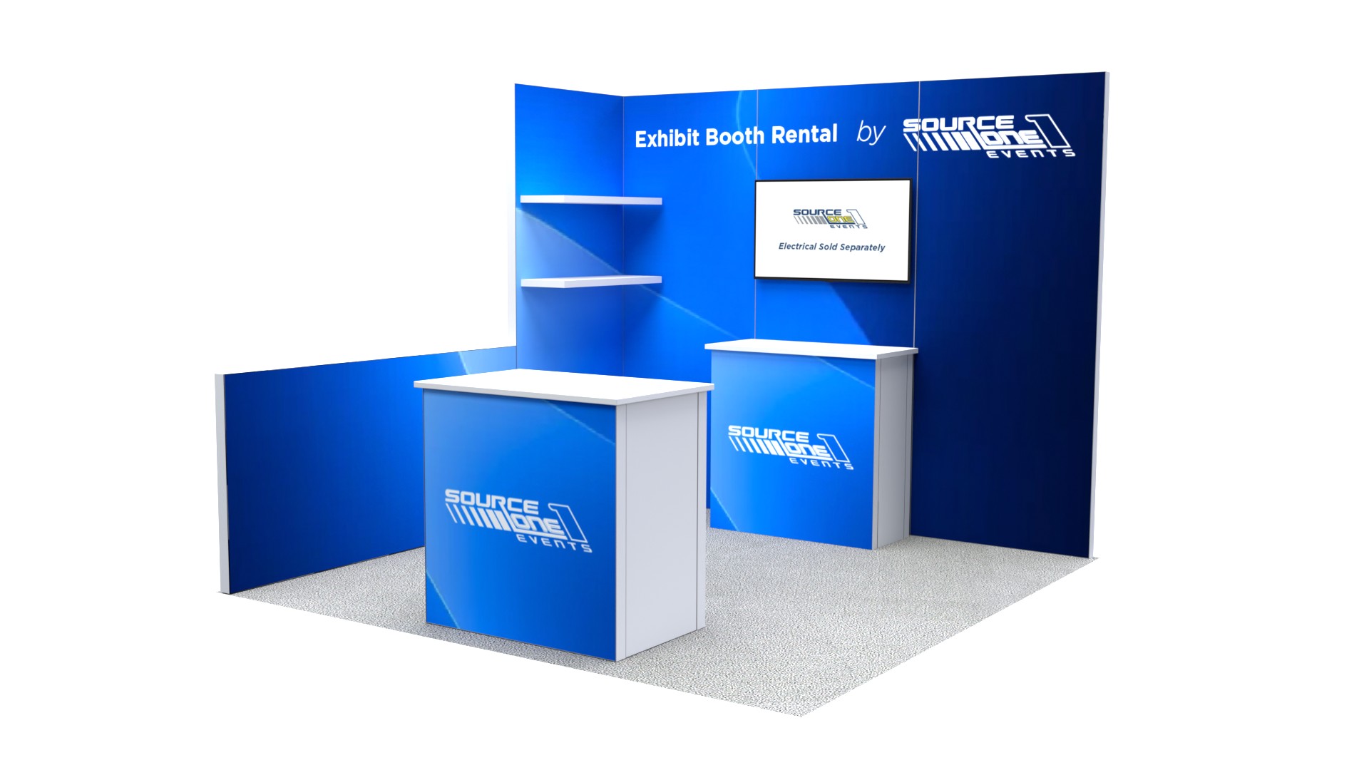 BM110 modular trade show booth with shelving and reception counter