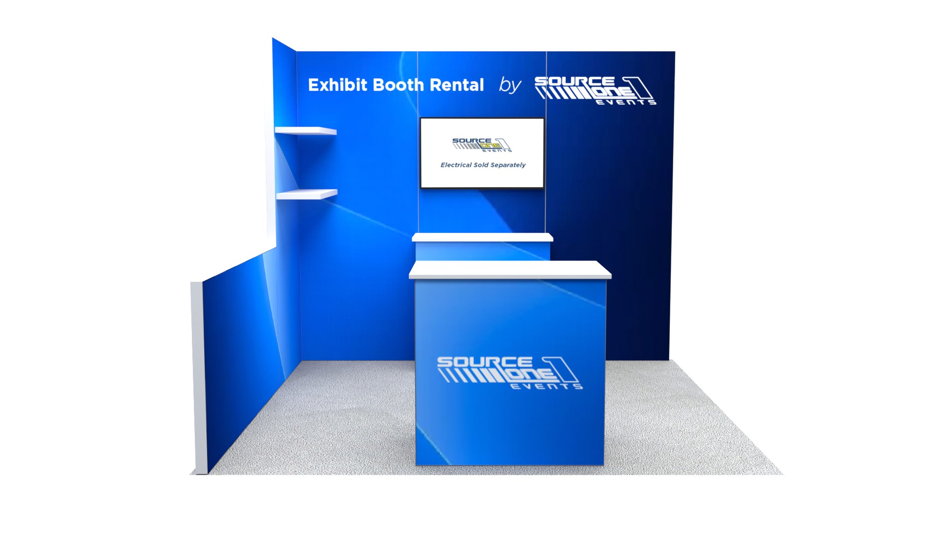 BM110 custom exhibit booth with integrated shelving and counter