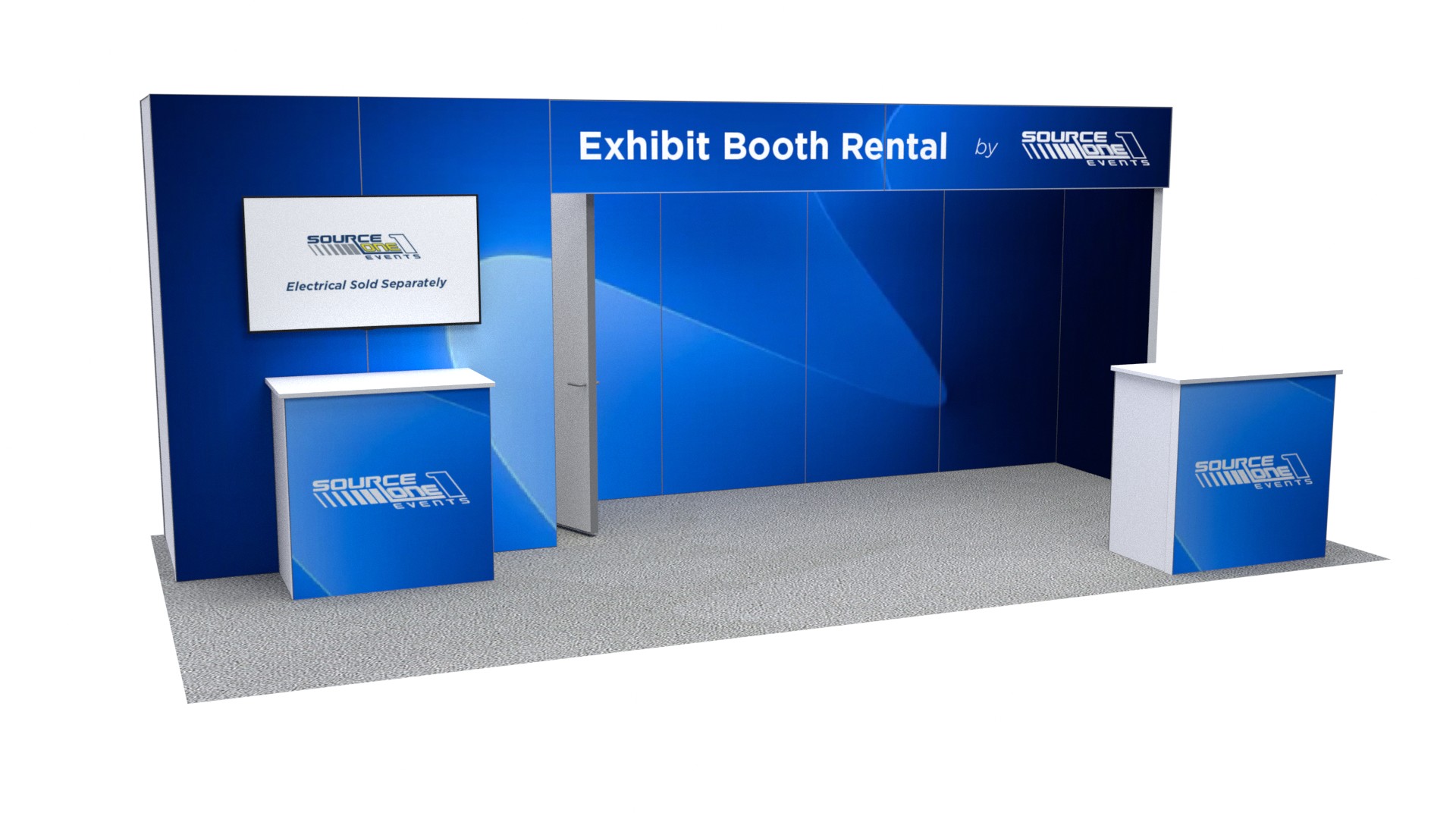 BM203 modular exhibit booth with blue graphic backdrop