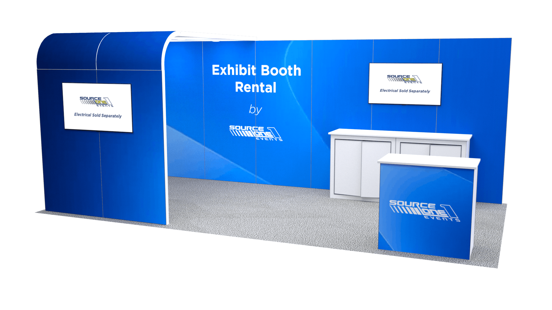 Modular exhibit rental featuring blue printed graphics, display counter, and lightweight trade show booth components.