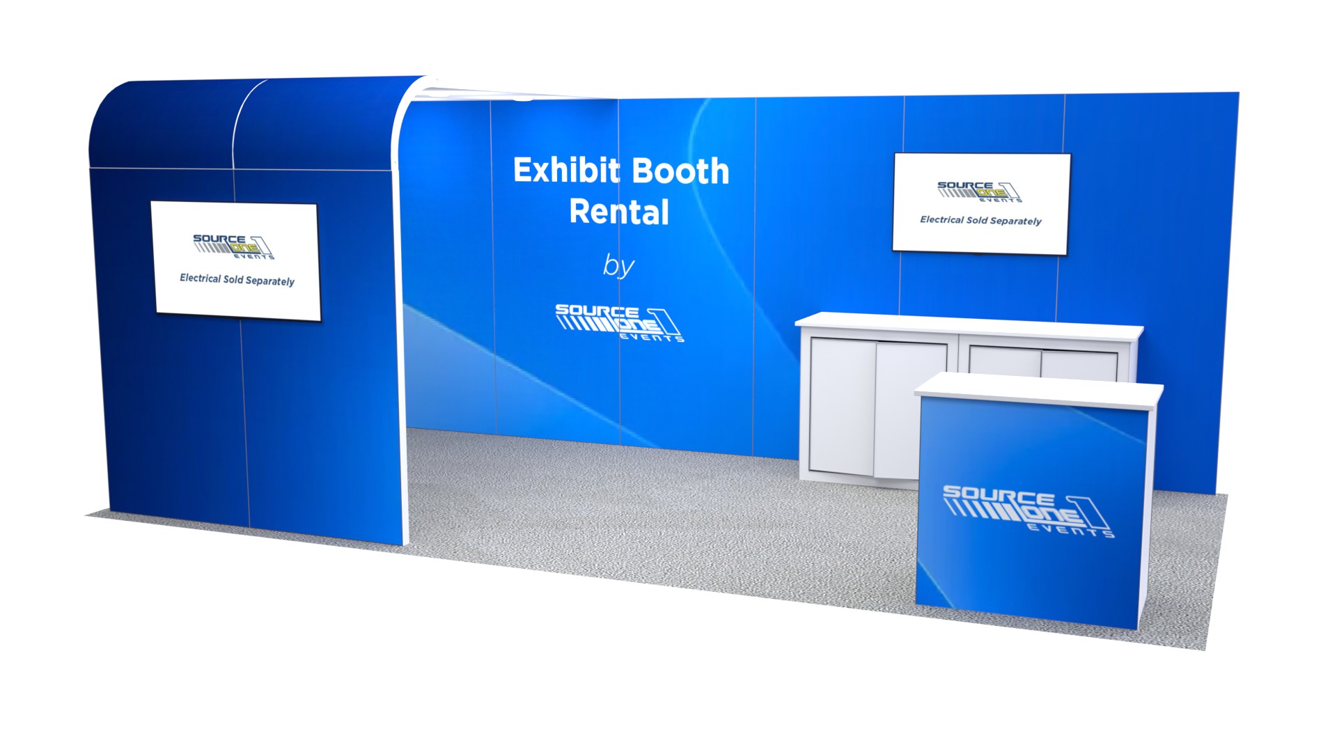 BM208 custom rental exhibit with blue graphics and display counter