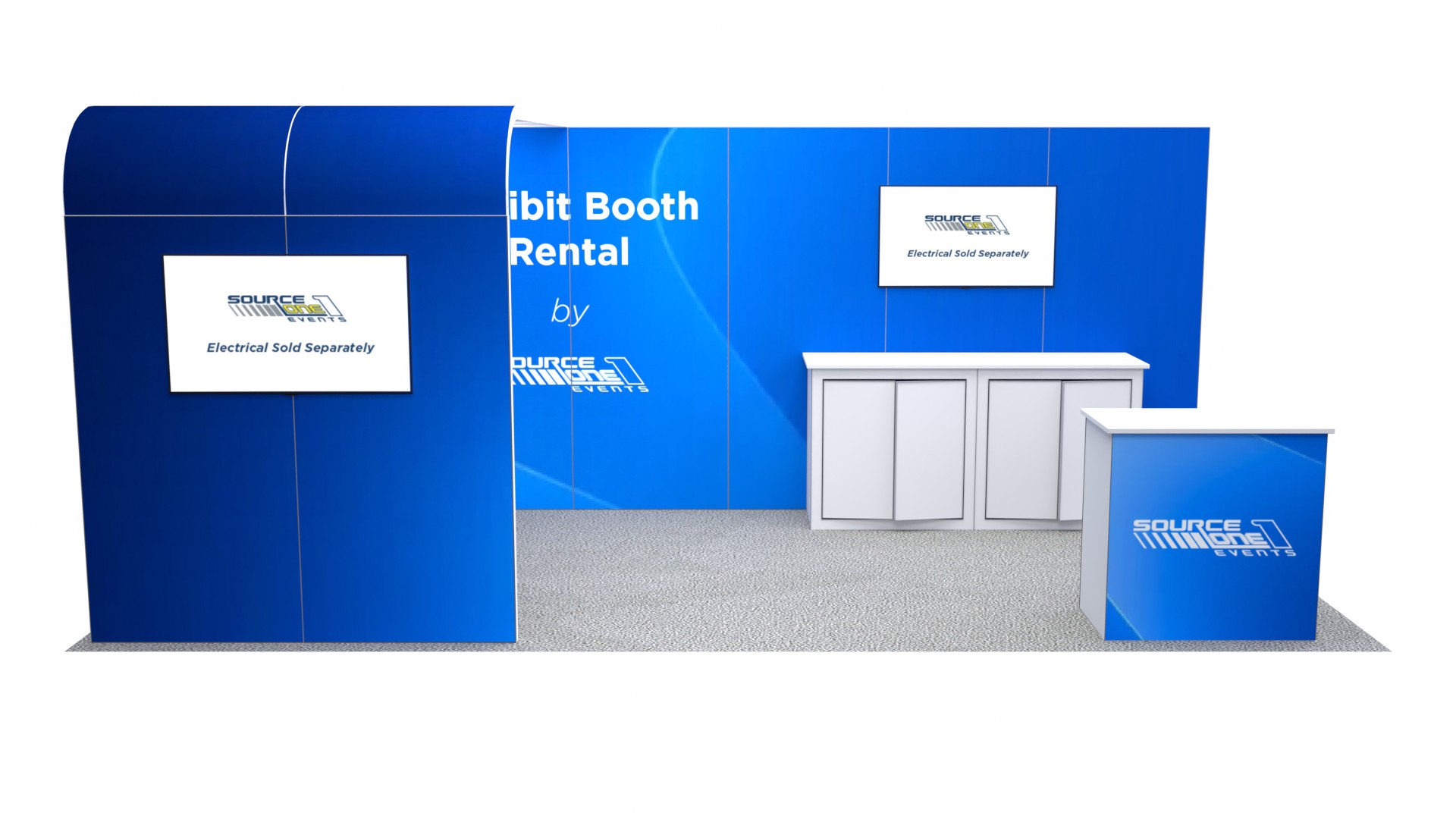 BM208 modular exhibit booth rental with branded back wall and reception counter