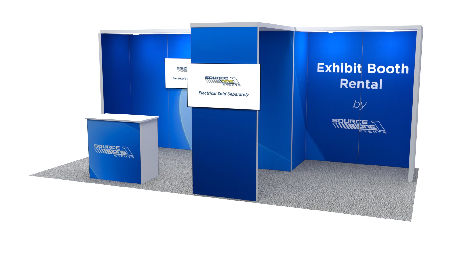 Blue inline rental exhibit booth with reception counter