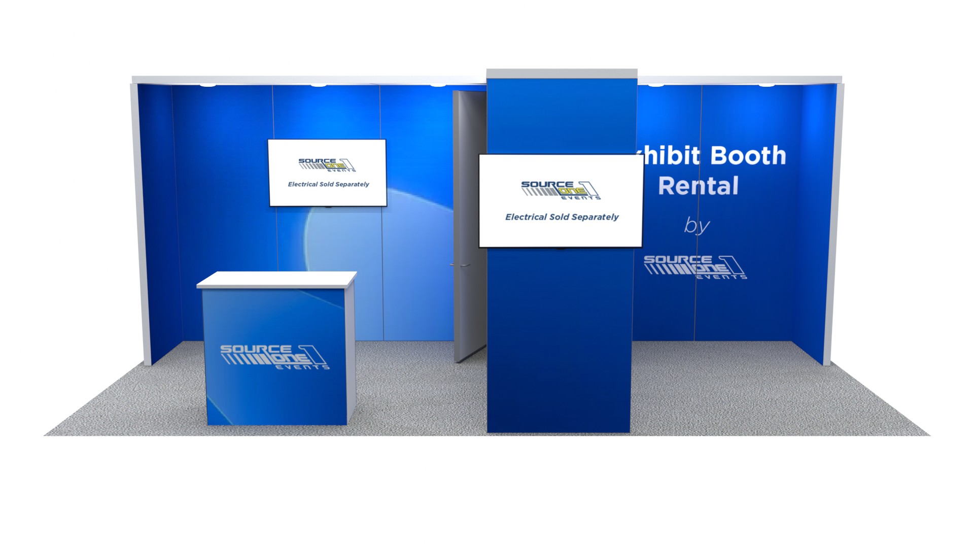 Blue exhibit booth rental with branded back wall
