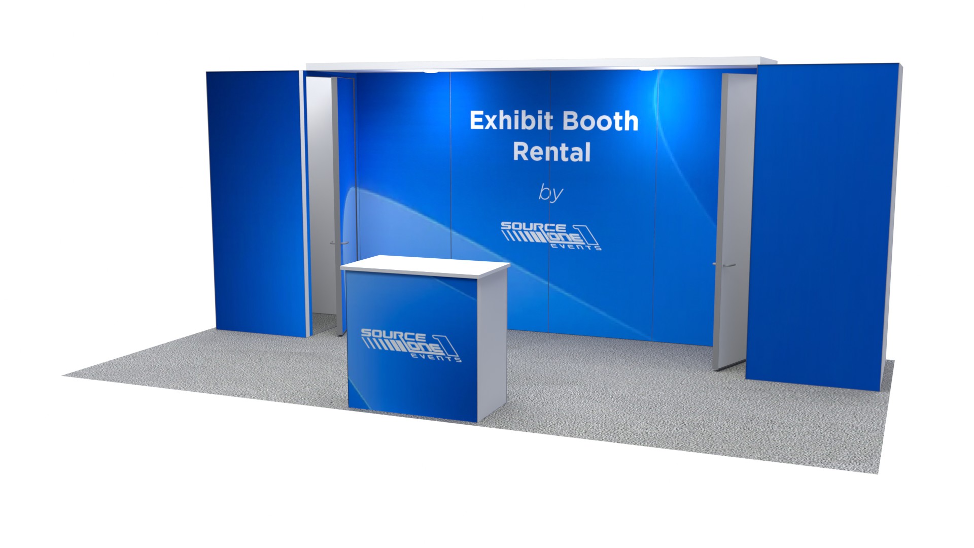 Blue 10×20 rental exhibit booth with reception counter