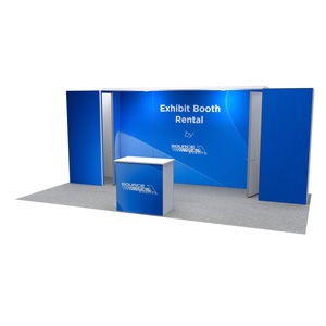 Rental exhibit booth with blue backdrop and reception counter