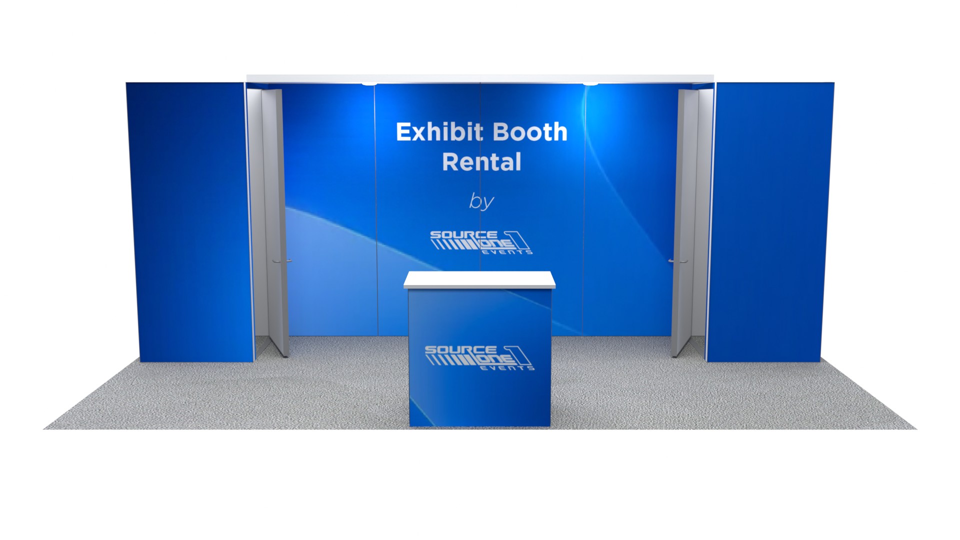 Rental exhibit booth with blue back wall and branded counter