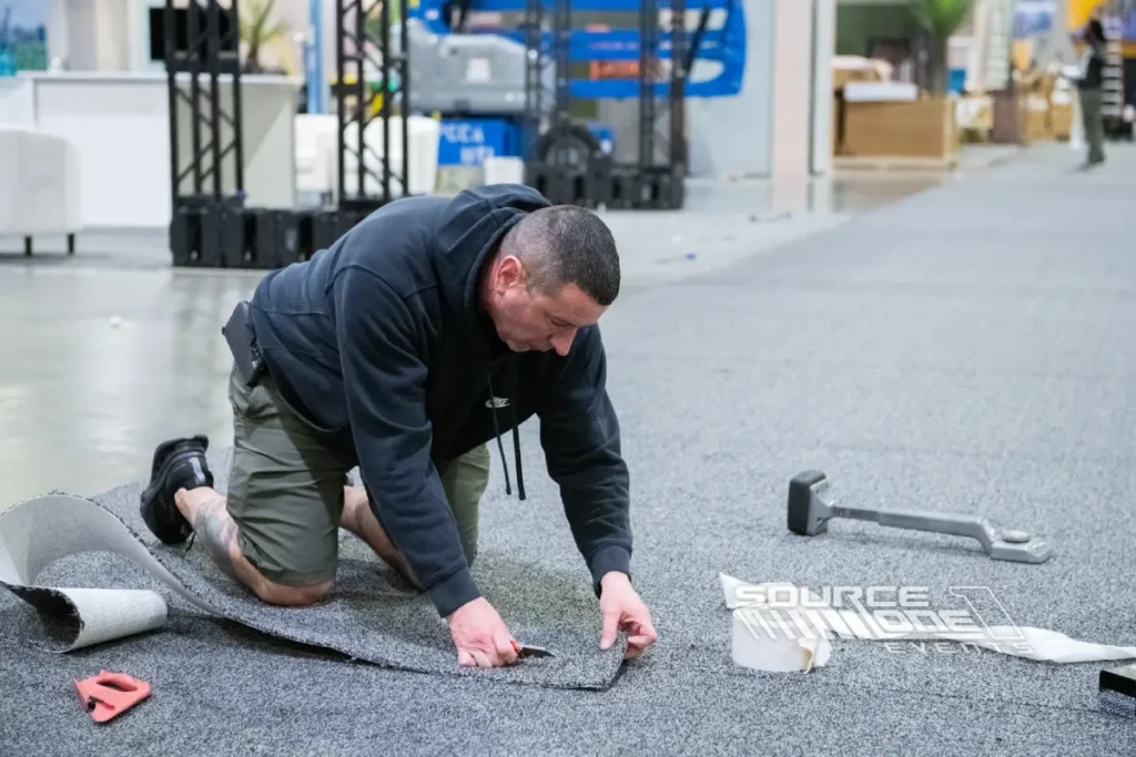 Worker aligning carpet seams on a convention hall floor.