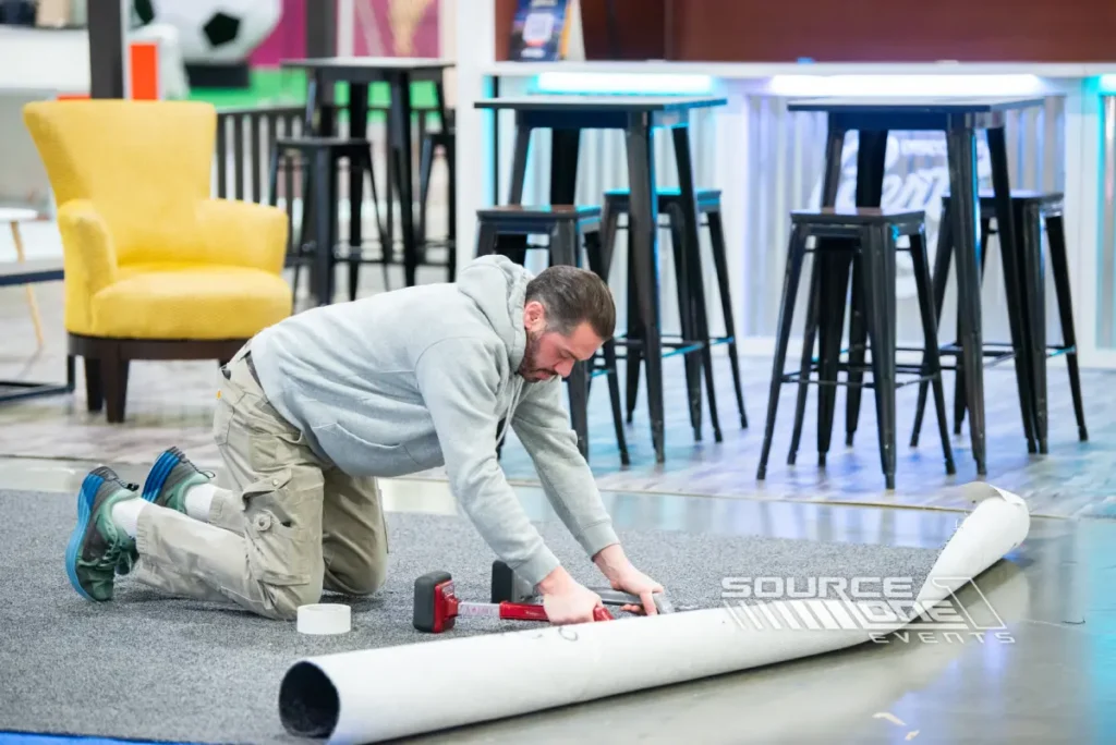 Crew member rolling out carpet during event floor installation.