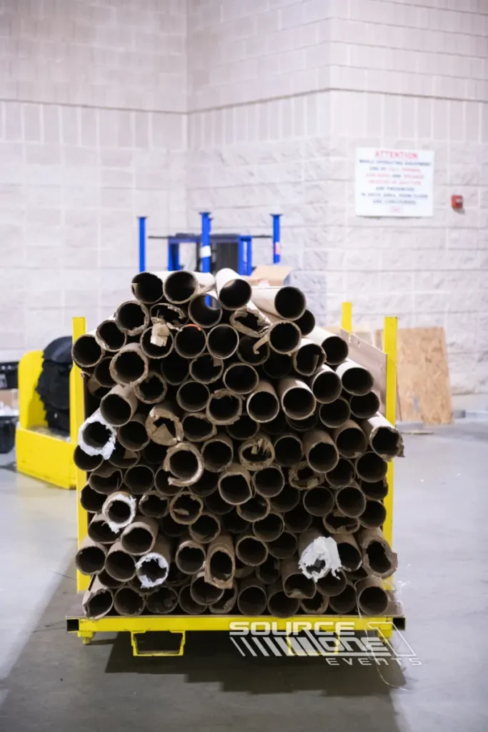 Bundle of metal pipes stacked in a triangular arrangement.