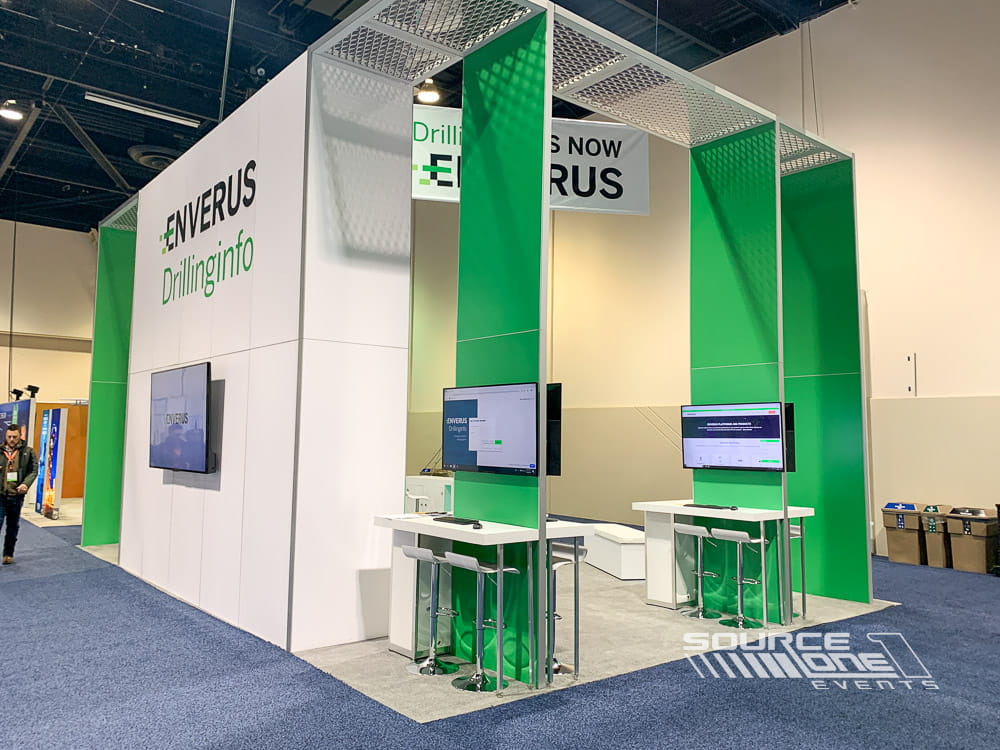 Contemporary custom exhibit with modern architectural finishes, interactive displays, and branded product demonstration areas.