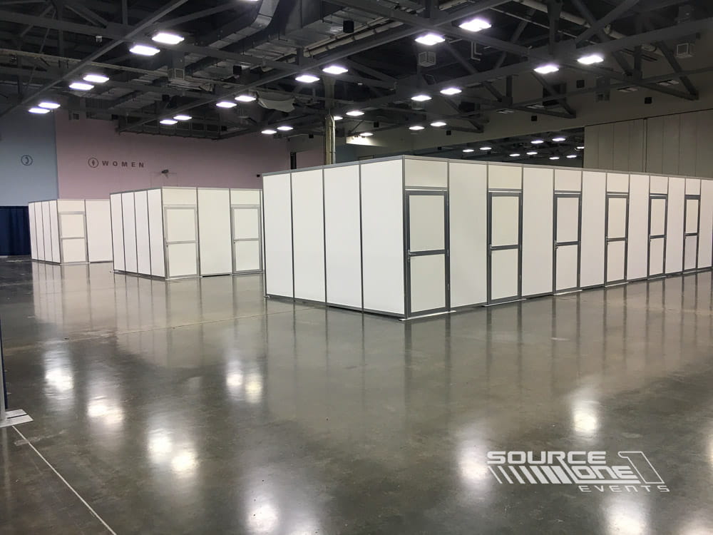 Custom hard-wall meeting room installation with enclosed interview spaces and premium modular construction for recruiting events.
