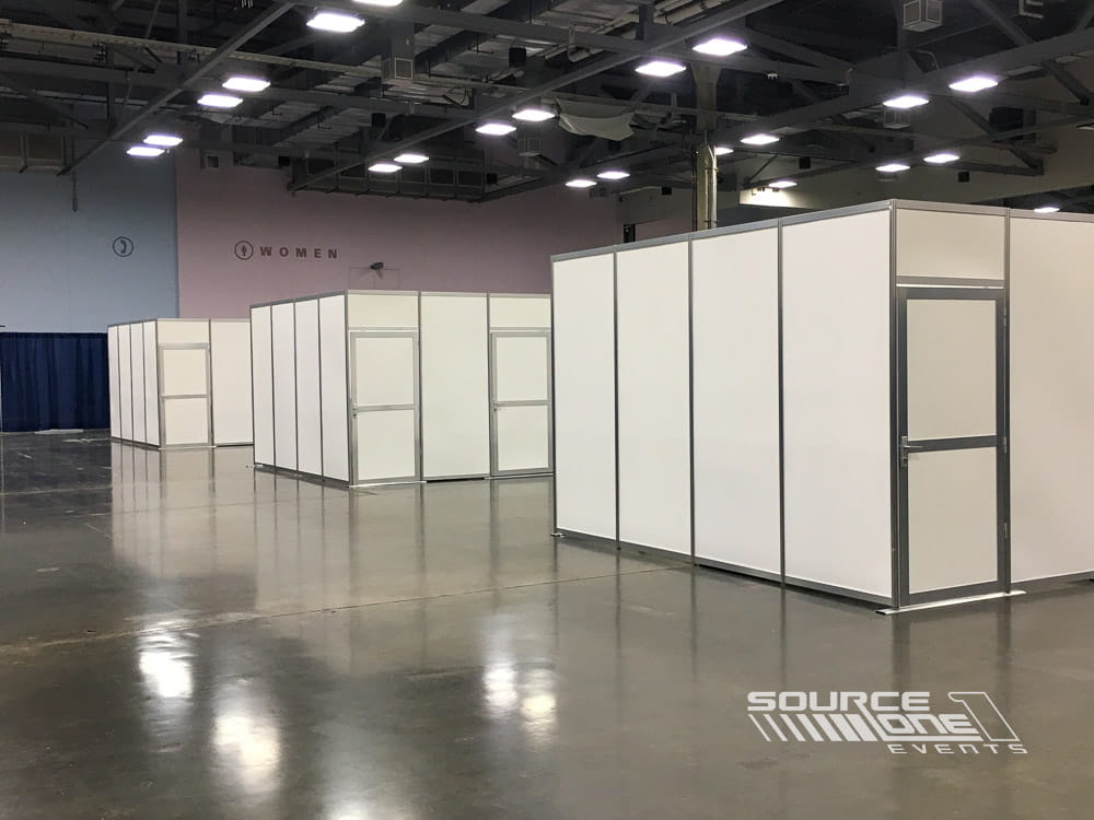 Custom hard-wall meeting room installation with enclosed interview spaces and premium modular construction for recruiting events.