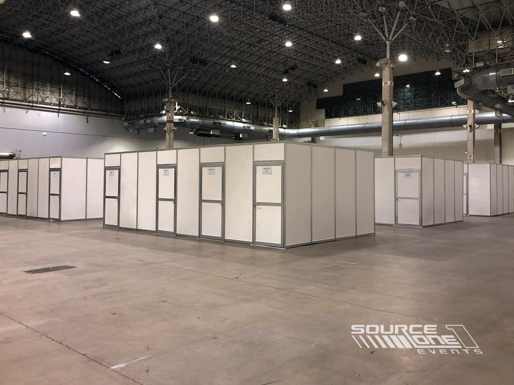 Custom hard-wall meeting room installation with enclosed interview spaces and premium modular construction for recruiting events.